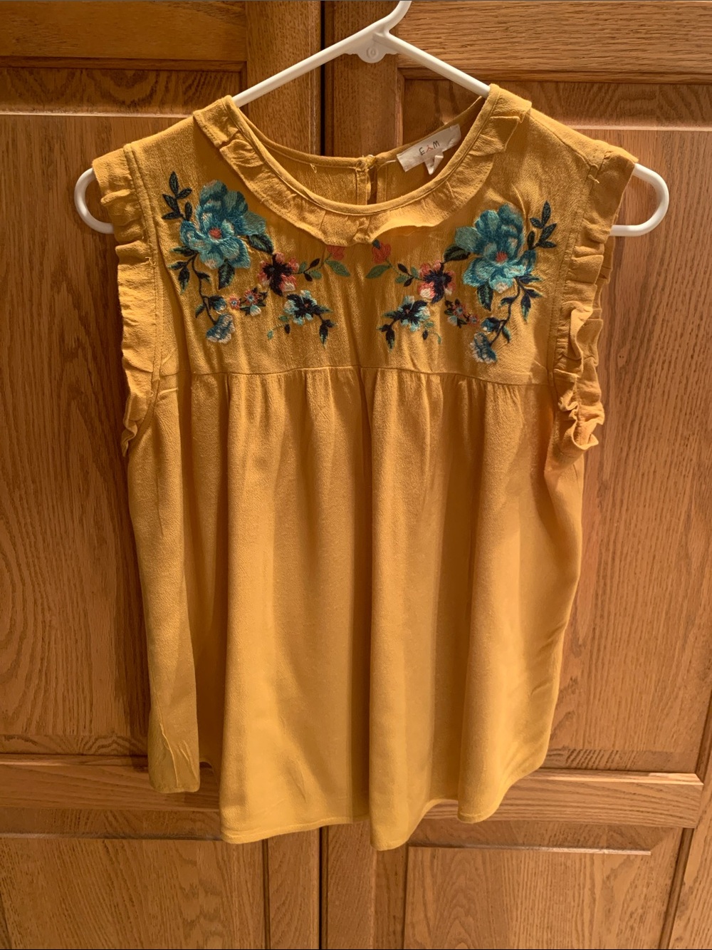 Mustard Yellow Floral Embroidered Ruffle Sleeve Top